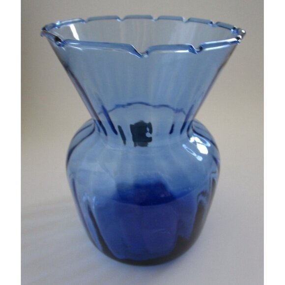 Vitro Mosa Mexican Hand Blown Navy Blue Art Glass Vase - Etched Rim - Vintage - Picture 5 of 11